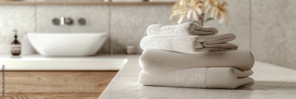 Aufkleber Cozy and clean bathroom setting with neatly folded towels for a relaxing hotel or spa experience Generative AI