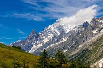 Fototapeta premium Beautiful mountain landscape of the Alps in summer on tour du Montblanc area near Courmayeur village in Val Ferret valley in Italy. European Alps stunning views of green valley with colorful flowers