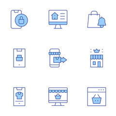 E-commerce icons set. Line Duotone style, editable stroke. shop, online shopping, smartphone, shopping, store, ecommerce