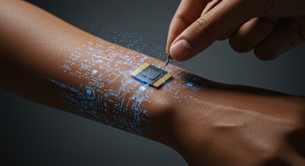 Close up of a person inserting a biochip into their wrist, with digital data visualizations emerging, symbolizing technology and human integration.