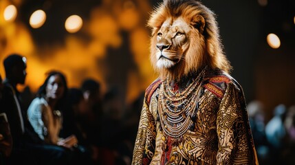Fototapeta premium Regal lion struts in traditional african attire on the catwalk