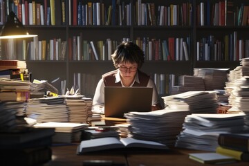 Focused Individual Working Amidst Stacks of Papers and Books in a Library Setting with Laptop