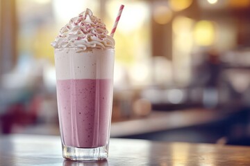 Delicious pink and white milkshake with whipped cream and a straw served in a tall glass in a cozy café setting