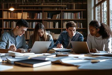 Group of students collaborating in a library with laptops and books ideal for education teamw