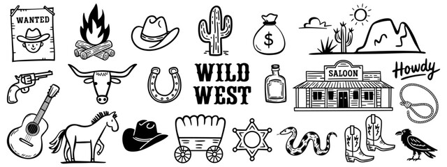 Wild west themed sketchy doodle style vector illustration set, western icons, including cowboy hat, cactus, horseshoe, guitar, horse, boots, snake, sheriff's star, wagon, saloon