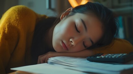 Student takes a break, resting her head on study materials while preparing for exams in a cozy study environment