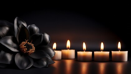 panoramic black flower and burning candles on black background for funeral announcement