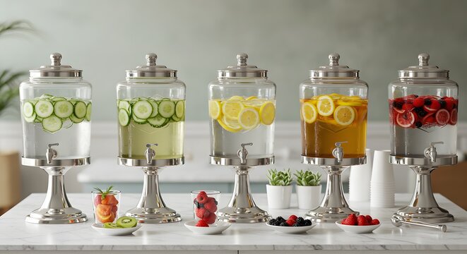 Refreshing fruit infused water beverage dispensers party drinks bar home food lemon glass metal stand