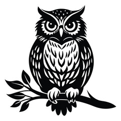 Owl Silhouette on Branch, Owl sitting on a tree branch vector silhouette an white background