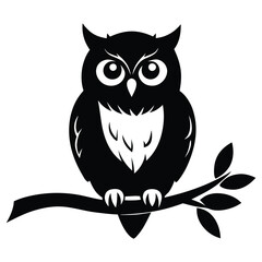 Owl Silhouette on Branch, Owl sitting on a tree branch vector silhouette an white background