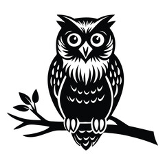 Owl Silhouette on Branch, Owl sitting on a tree branch vector silhouette an white background