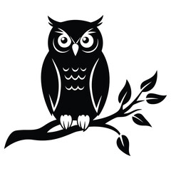 Owl Silhouette on Branch, Owl sitting on a tree branch vector silhouette an white background