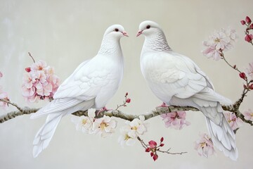 Fototapeta premium two white doves in love sitting on a blooming sakura branch, generative AI