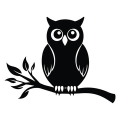 Naklejka premium Owl Silhouette on Branch, Owl sitting on a tree branch vector silhouette an white background