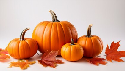 pumpkins with maple leaves on white background thanksgiving fall holidays halloween autumn