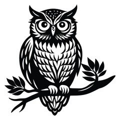 Owl Silhouette on Branch, Owl sitting on a tree branch vector silhouette an white background