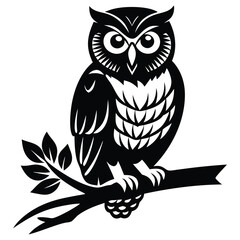 Owl Silhouette on Branch, Owl sitting on a tree branch vector silhouette an white background