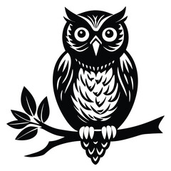 Owl Silhouette on Branch, Owl sitting on a tree branch vector silhouette an white background