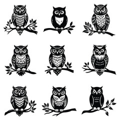 Owl Silhouette on Branch, Owl sitting on a tree branch vector silhouette an white background