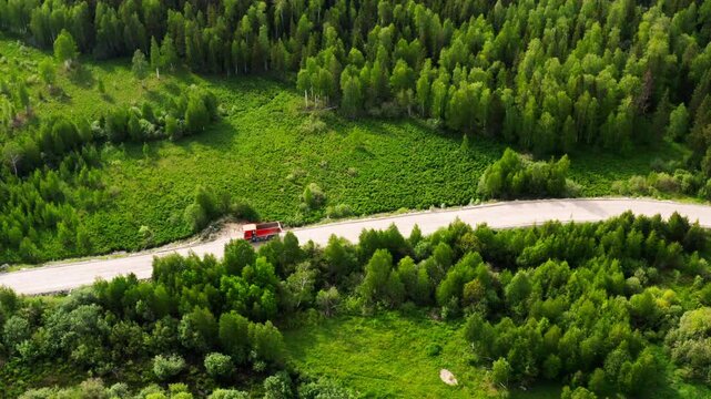 Truck drives along road surrounded by trees, bushes. Top, aerial view. Autotruck moving on highway in forest-steppe taken by drone. Lorry is on roadway in countryside. Sunny summer day