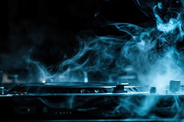 Electronic music equipment shrouded in smoky haze
