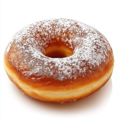 A glazed donut dusted with powdered sugar, showcasing a soft, fluffy texture and a classic round shape, perfect for a sweet treat.