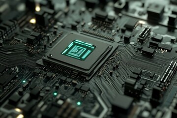A close up of a motherboard with a glowing green chip