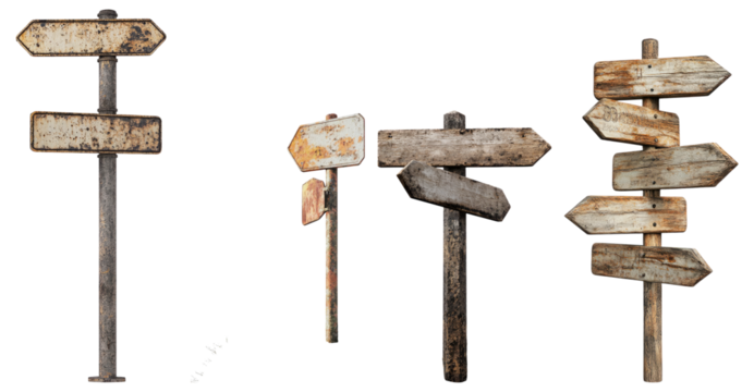 Weathered Directional Signs on Metal Poles in Rustic Style, Isolated on Transparent Background