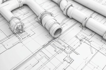 White pipes on a detailed architectural blueprint sheet