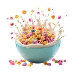 A Fluffy 3D Cartoon Bowl of Cereal with Glowing Colors Isolated on Transparent Background