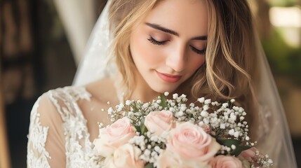Naklejka premium Bride holding a beautiful bouquet of roses with delicate flowers while wearing an elegant wedding dress and veil indoors