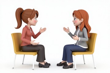 3D cartoon of two women sit facing each other, engaged in conversation or an interview.