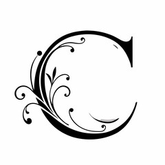 Elegant decorative letter c with floral ornaments and black swirls