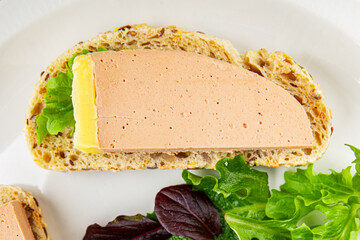 Duck  liver mousse pate poultry meat tasty fresh delicious gourmet food background table rustic...