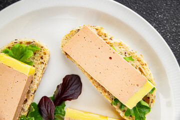 Duck  liver mousse pate poultry meat tasty fresh delicious gourmet food background table rustic food top view copy space
