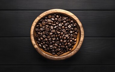 Fototapeta premium Roasted Coffee Beans in Wooden Bowl Top View