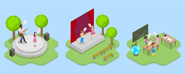 3D Isometric Flat Vector Illustration of Summer Vacation Camps, Hobbies and Performance