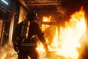 Brave Firefighter in Action Battling Intense Flames with Courage and Determination