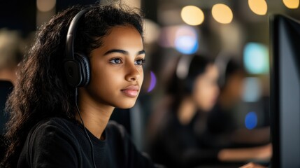 Obraz premium Focused Young Gamer Immersed in Advanced Gaming Environment, Showcasing Determination and Skills During an Online Competition Generative AI