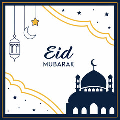 Fototapeta premium Eid Mubarak wright calligraphic with a simple, elegant mosque outline, softly glowing with warm lights