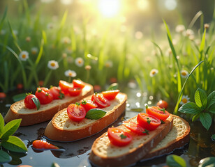 The image shows slices of bread topped with cherry tomatoes and basil leaves, set against a blurred background of a grassy field with flowers and sunlight.