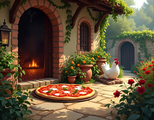 A white chicken perches on a stone pedestal, with a pizza on a round stone plate in front, set against a rustic brick building with a chimney and a stone archway.