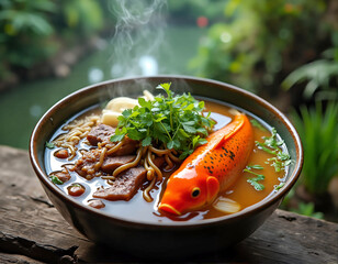 A bowl of steaming noodle soup is presented with a vibrant orange koi fish figurine nestled among the noodles and garnished with fresh cilantro.