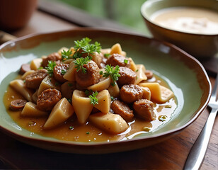 A close-up image of a plate of food with meat and vegetables, garnished with parsley, placed on a wooden table with a blurred background.