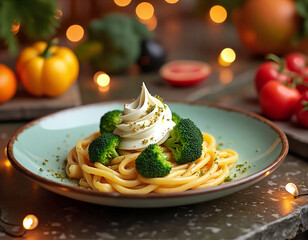 A close-up image of a plate of pasta with broccoli and a white sauce topping, surrounded by various fruits and vegetables, with a blurred background of lights.