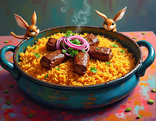 A blue pot holds a vibrant yellow rice dish with brown meat, onions, and parsley, accompanied by two cartoon rabbits peeking from the sides.