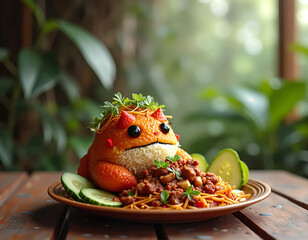 A whimsical food art piece resembling a creature with a face and arms is displayed on a plate with noodles and vegetables, set against a blurred natural background.