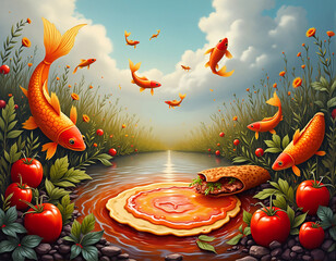 The image is a whimsical digital illustration featuring a surreal scene with fish swimming around a partially submerged pizza, surrounded by tomatoes and flowers.