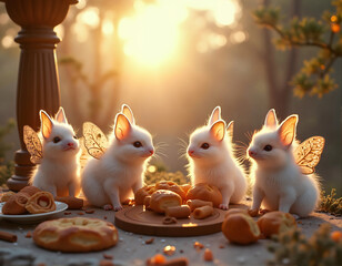 Four white rabbits with wings are sitting around a table with food, including pastries and bread, in a sunlit outdoor setting.