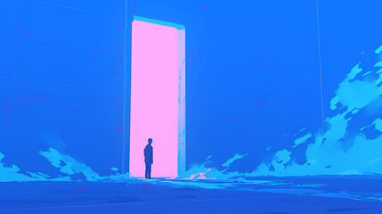 Obraz premium A solitary figure stands before a luminous, open door in a surreal blue landscape, evoking mystery